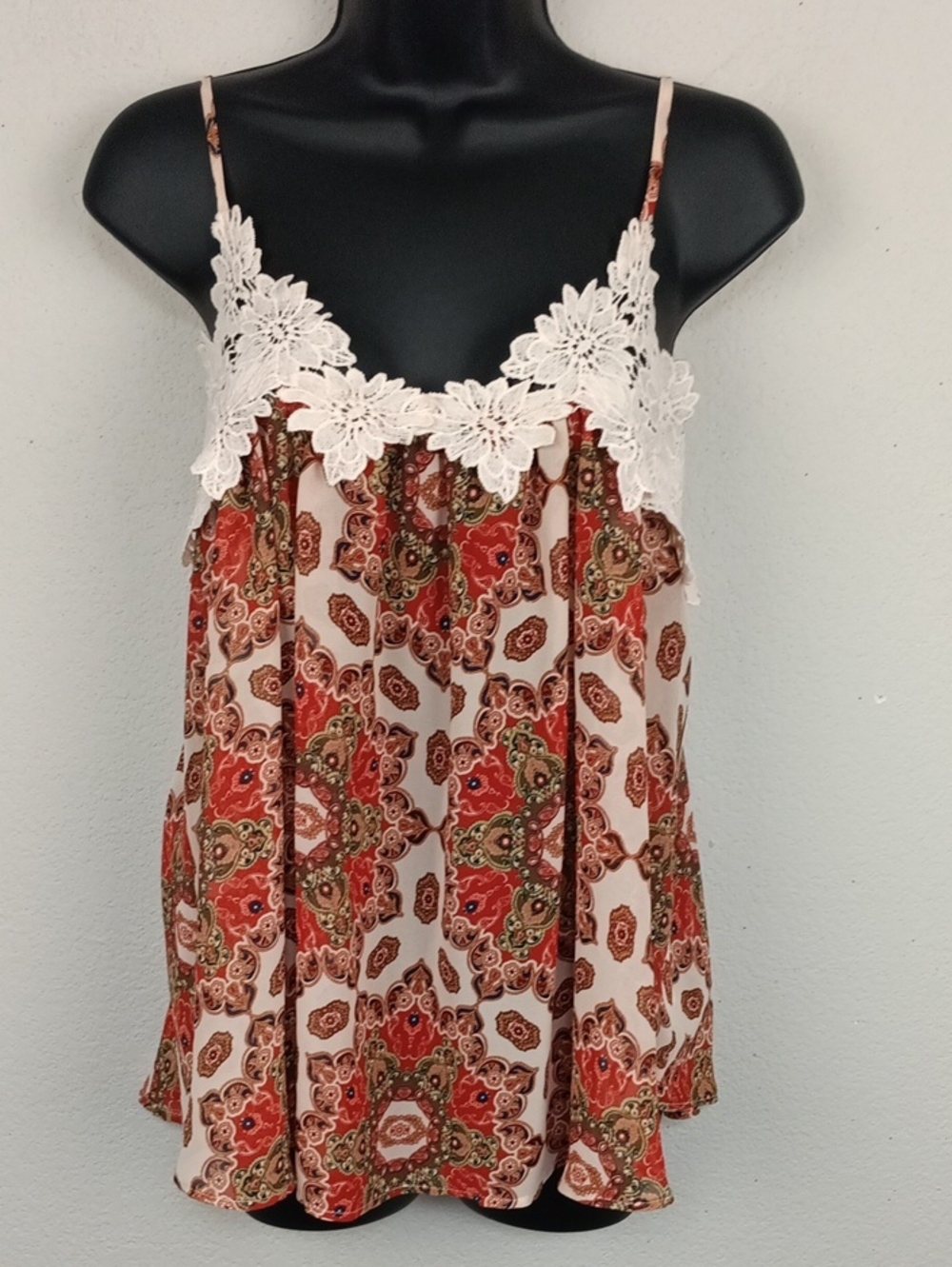 Taylor & Sage Women's Babydoll Rust Paisley Semi Sheer Camisole  Cream Lace sz L